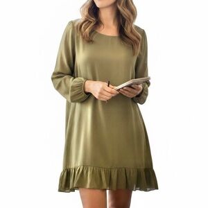 JACQUELINE CONOIR VTG Silk Tunic Summer Dress Olive Green Boho Chic Habotai